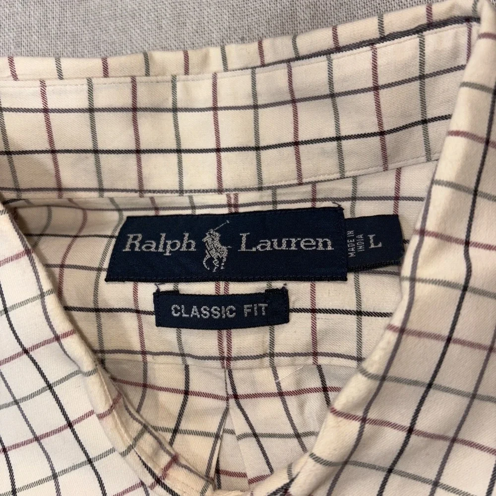 Ralph Lauren‎ Shirt Mens Large Beige Red Green Check Button Down Oxford Pony
